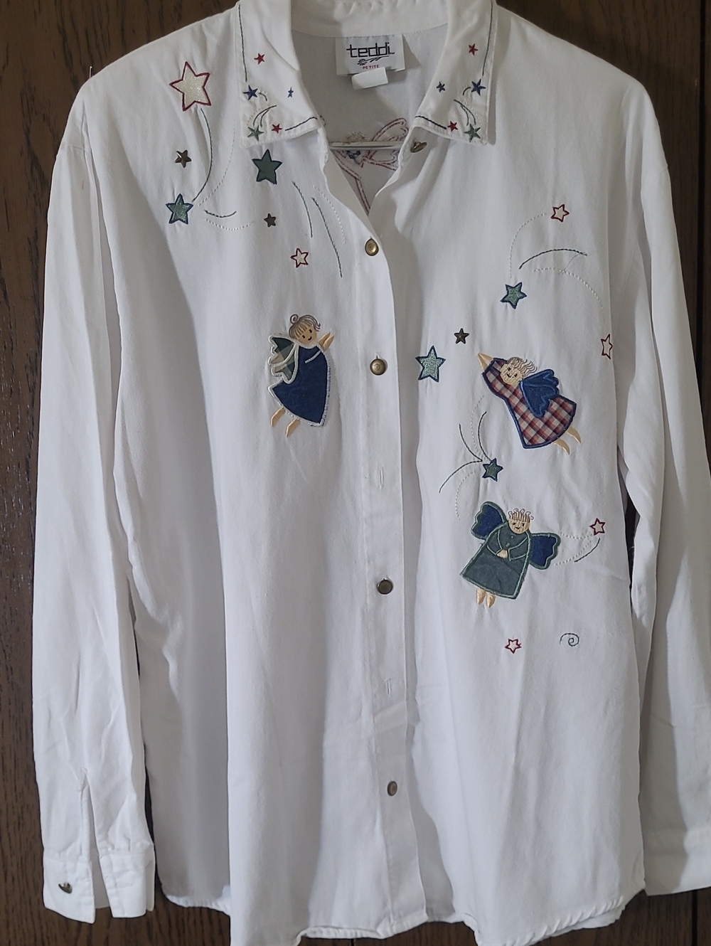 Teddi White Button-Down Shirt with Multicolor Angel Embroidery
